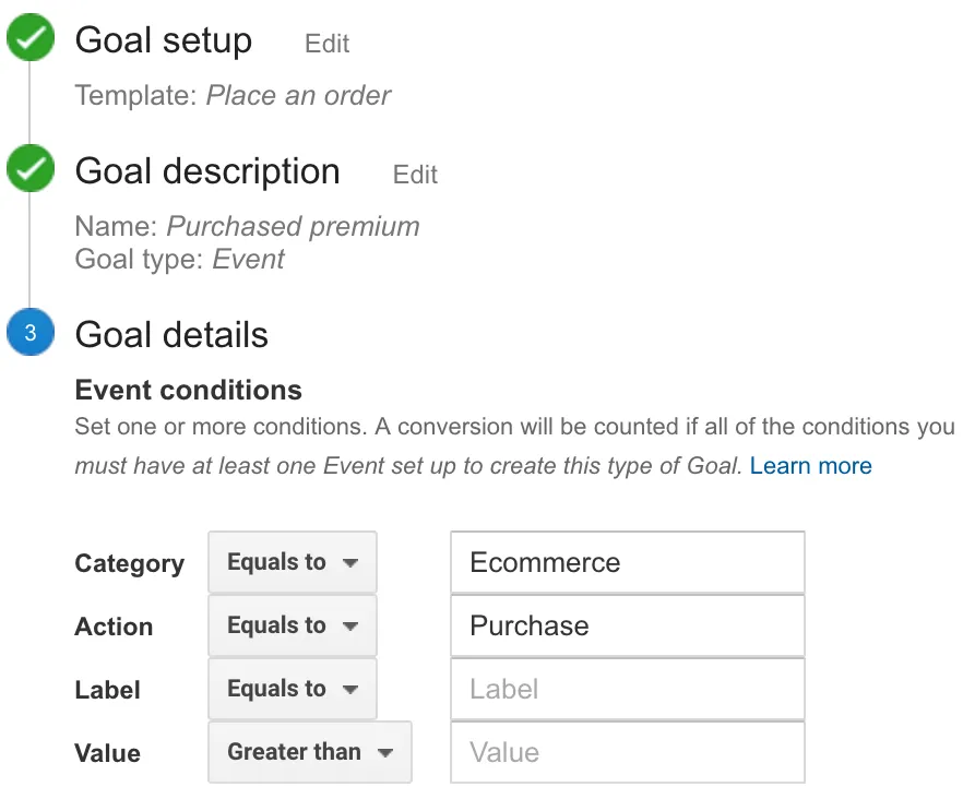 Ecommerce Purchase goal setup